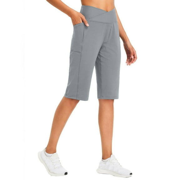 DPTALR Women's High-Waisted Yoga Training Leggings Cropped Straight-Leg with Pockets,Gray,Size L