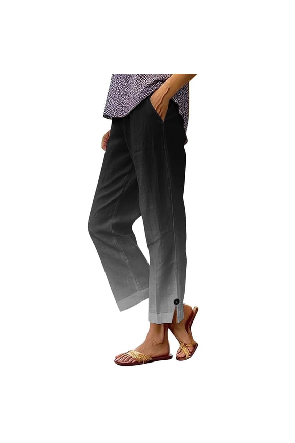 Women's Linen Gradient Color Button Front Pants,Black,Size L