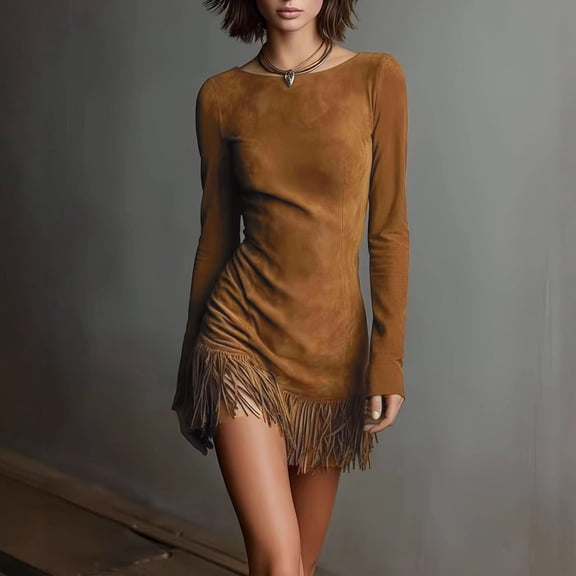 DPTALR Women's Long Sleeve Slim Asymmetrical Fringe Mini Dress,Brown,Size L