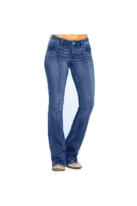 Women's Mid-Waisted Stretch Embroidered Flare Jeans with Buttons,Blue,Size XXXXL