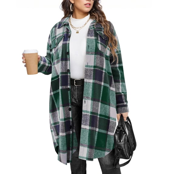 DPTALR Women's Plus Size Flannel Plaid Button Down Shirt Jacket,Long Sleeve,Lounge Lapel,Tartan Coat,Green,Size L