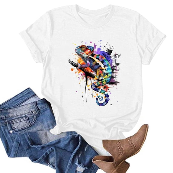 DPTALR Women's Printed Round Neck Short Sleeve T-Shirt,White,Size S,Women's Plus ,Young Adult Tops