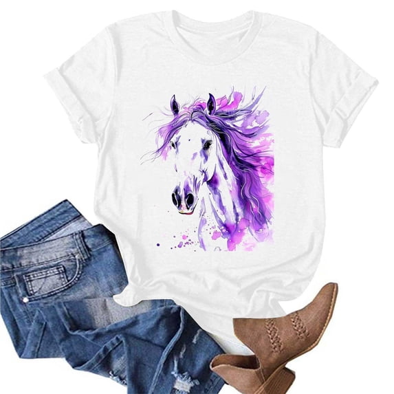 DPTALR Women's Printed Round Neck Short Sleeve T-Shirt,White,Size XXXL,Women's Plus ,Young Adult Tops