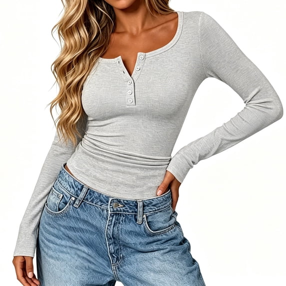 DPTALR Women's Ribbed Henley Long Sleeve Top, Slim Fit Casual Knit Tee Shirt,Gray,Women's Plus Size L