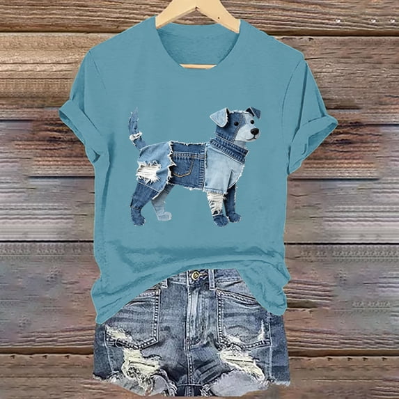 DPTALR Women's Round Neck Short Sleeve Printed Loose Casual Daily T-Shirt,Blue,Size L,Women's Plus ,Young Adult Tops