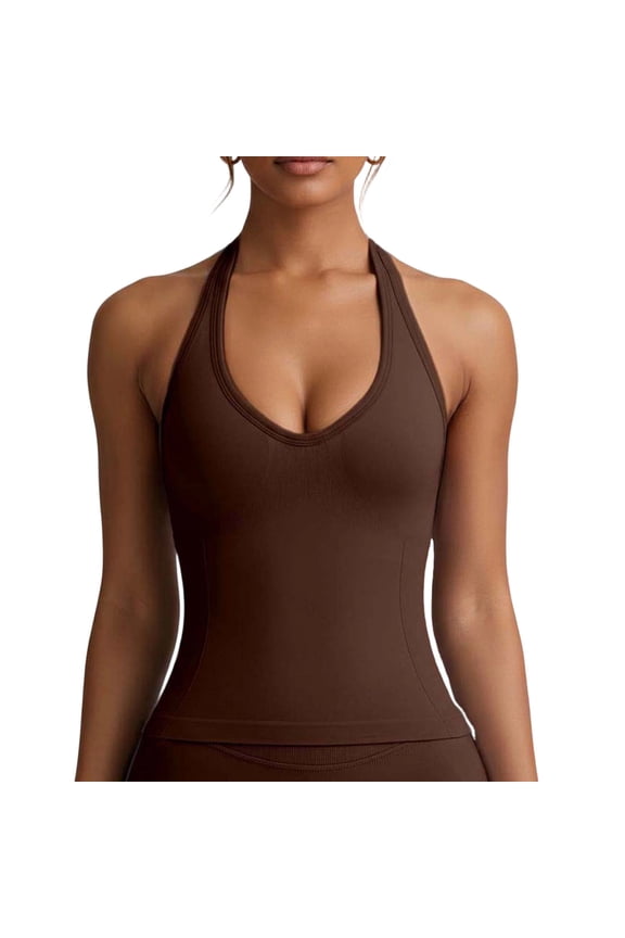 Women's Seamless Backless Yoga Tank Top with Front Panel & Push-Up Padding for Fitness Pilates Yoga,Coffee,Size XS,Women's Plus ,Young Adult Tops