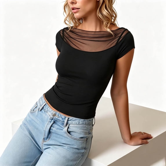 DPTALR Women's Sheer Mesh Short Sleeve T-Shirt, Lightweight Breathable Form-Fitting Top,Black,Women's Plus Size L