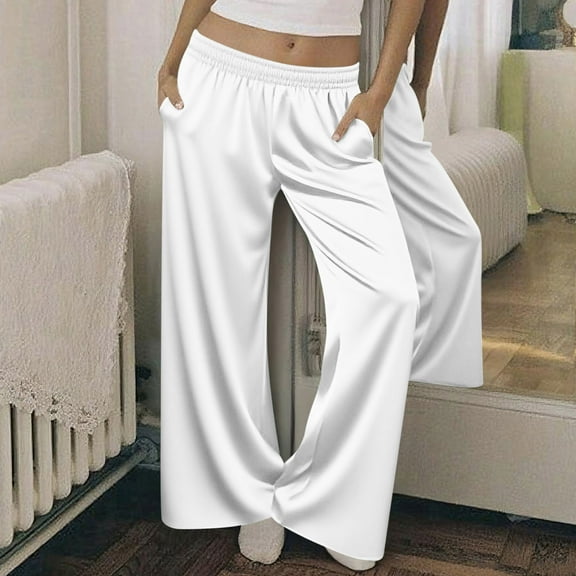 DPTALR Women's Silk Satin Wide Leg Elastic Waist Casual Loose Soft Lounge Pajama Pants with Pockets,White,Size XXL