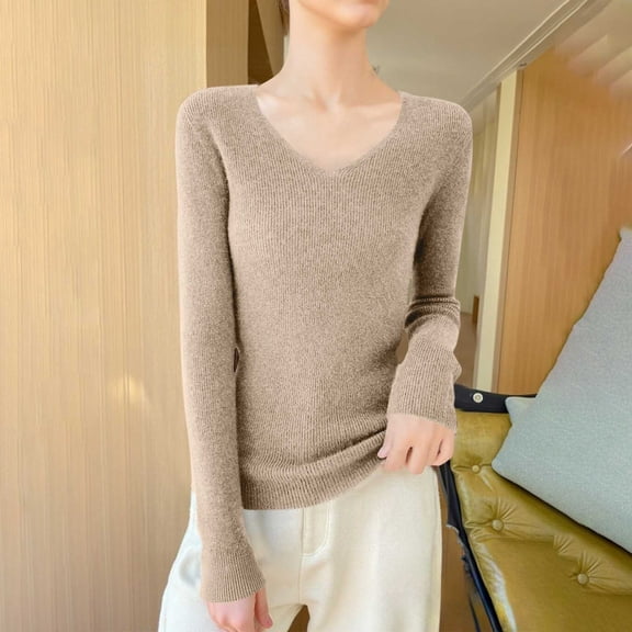 DPTALR Women's Solid Color Casual Fashionable Long Sleeve V-Neck Pullover Blouse,Khaki,Size XL
