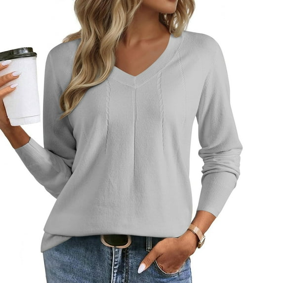 DPTALR Women's Solid Color Casual V-Neck Long Sleeve Lightweight Knit Pullover Sweater for Fall,Gray,Size S