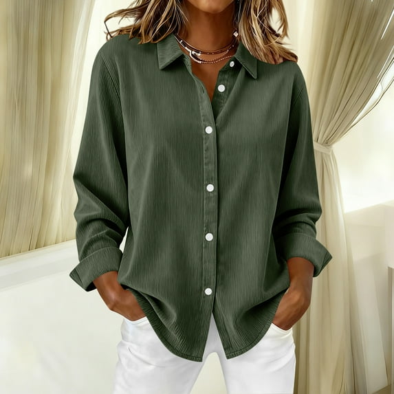 DPTALR Women's Solid Color Corduroy Shirt Jacket,Casual Top,Army Green,Size L