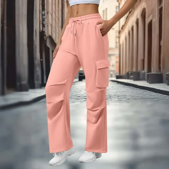 DPTALR Women's Solid Color Drawstring Elastic Waist Multi-Pocket Casual Sports Cargo Sweatpants,Pink,Size S,Women's Plus ,Young Adult Tops