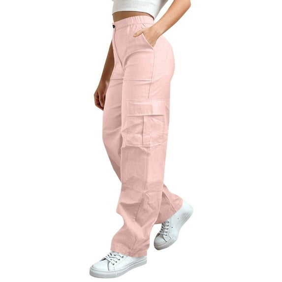 DPTALR Women's Solid Color Elastic Waist Casual Pocket Full-Length Pants,Pink,Size XL