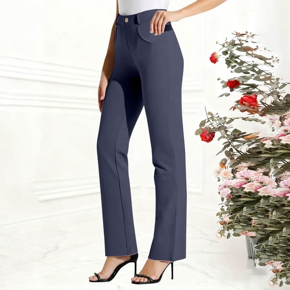 DPTALR Women's Solid Color Elastic Waist Straight-Leg Button Casual Work Office Yoga Pants,Navy,Size M