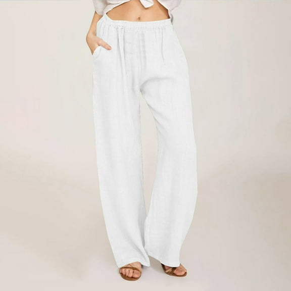 DPTALR Women's Solid Color Linen Loose Casual Wide-Leg Long Pants,White,Size S