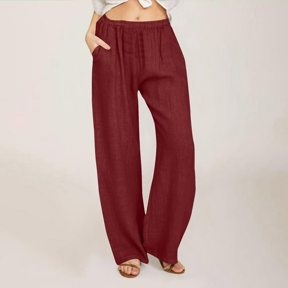 DPTALR Women's Solid Color Linen Loose Casual Wide-Leg Long Pants,Wine,Size L