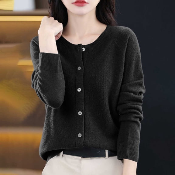 DPTALR Women's Solid Color Long Sleeve Button-Up Round Neck Casual Fashion Sweater,Black,Size S