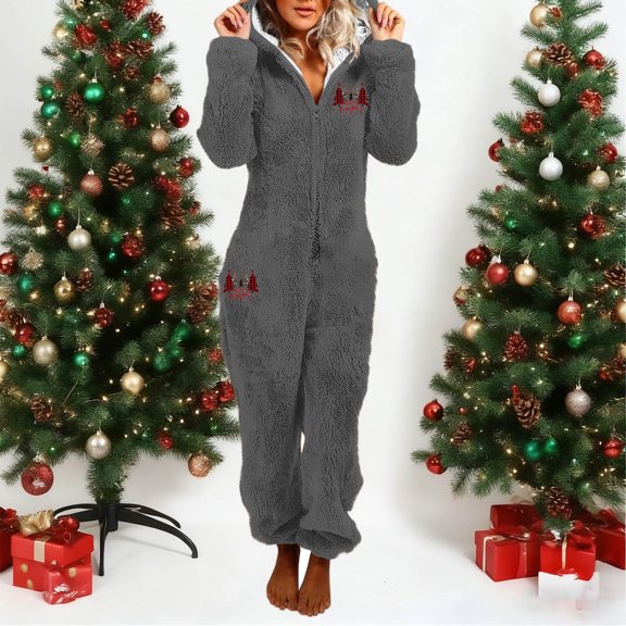 DPTALR Women's Solid Color,Long Sleeve,Hooded Warm Winter Casual Jumpsuit Pajamas,Gray,Size S