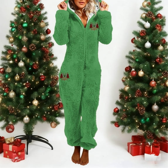 DPTALR Women's Solid Color,Long Sleeve,Hooded Warm Winter Casual Jumpsuit Pajamas,Green,Size M