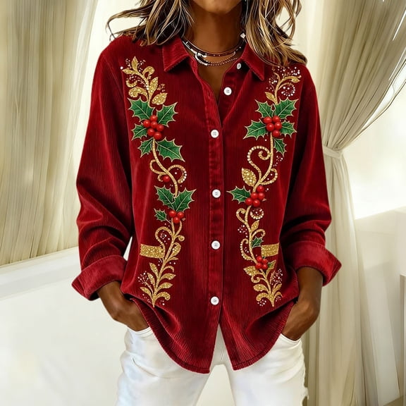 DPTALR Women's Solid Color Print Corduroy Shirt Jacket,Casual Top,Wine,Size S