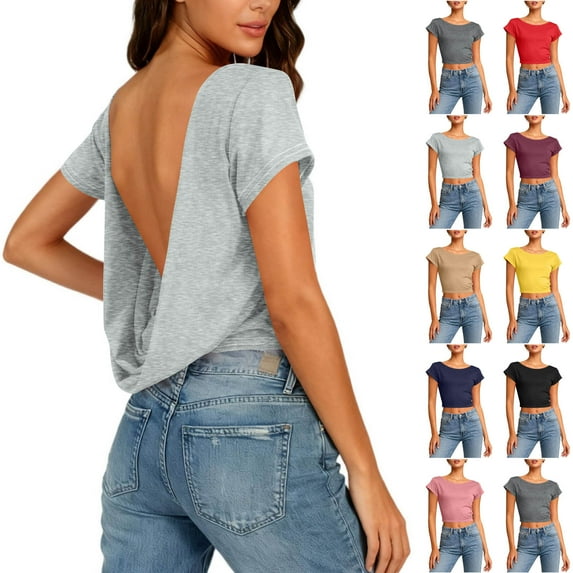 DPTALR Women's Solid Color Round Neck Short Sleeve Backless Cutout Casual T-Shirt,Khaki,Size M,Women's Plus ,Young Adult Tops