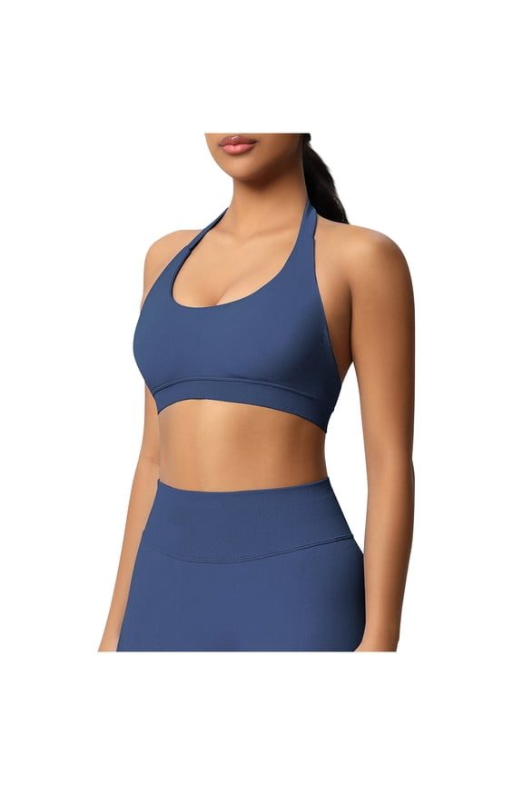 Women's Solid Color Seamless Knitted Halter Sports Bra,Backless Beauty Back Shockproof Push Up Breathable Fitness Top,Navy,Size L,Women's Plus ,Young Adult Tops