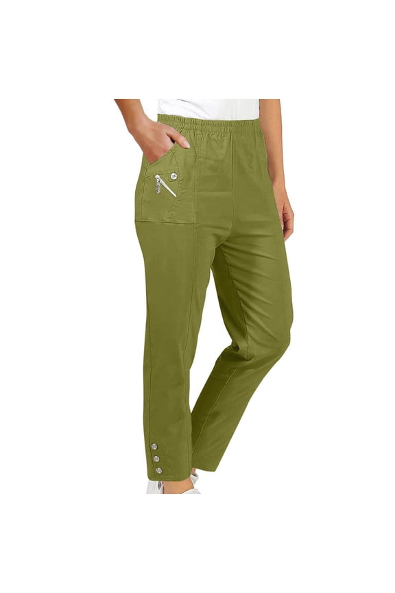 Women's Solid Color Stretch Waist Strap Zipper Pocket Long Pants,Green,Size XL