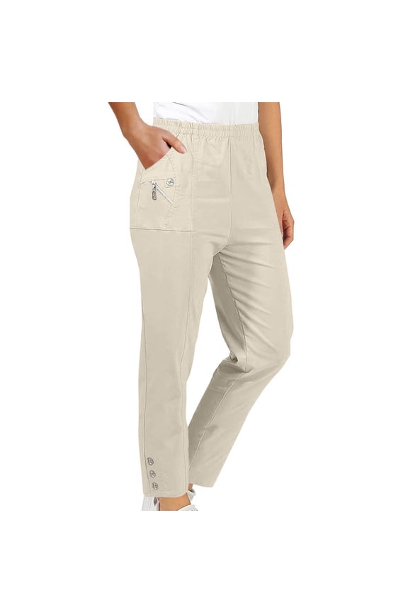 Women's Solid Color Stretch Waist Strap Zipper Pocket Long Pants,Khaki,Size XXL