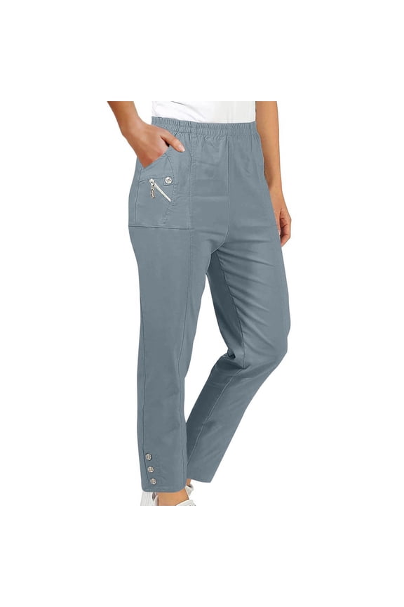 Women's Solid Color Stretch Waist Strap Zipper Pocket Long Pants,Navy,Size M