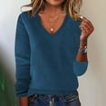 thumbnail image 1 of DPTALR Women's Solid Color V-neck Long Sleeve Knitted Pullover Sweater,Blue,Size XXXXXL, 1 of 6
