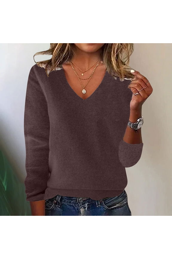 Women's Solid Color V-neck Long Sleeve Knitted Pullover Sweater,Brown,Size XL