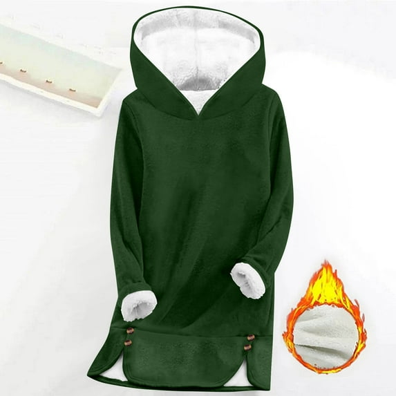 DPTALR Women's Solid Color Warm Thickened Fleece Lined Loose Long Sleeve Hooded Sweatshirt,Green,Size L