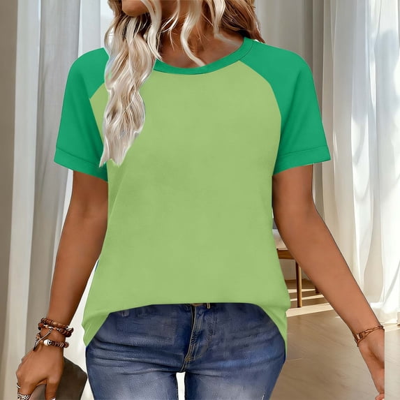 DPTALR Women's Spring & Summer Casual Fashion Raglan Sleeve Color Block Short Sleeve Top,Green,Size L