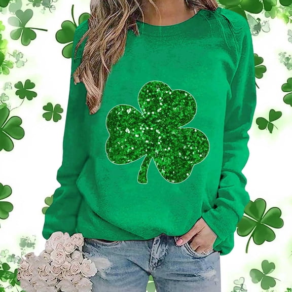 DPTALR Women's St. Patrick's Day Printed Fashion Casual Loose Fit Long Sleeve Crew Neck Sweatshirt,Green,Size XL