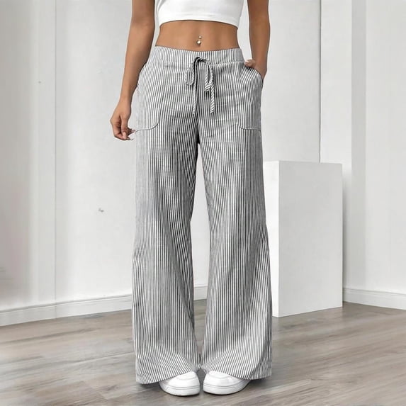DPTALR Women's Striped Lace-Up Linen Straight Leg Casual Pants,Gray,Size M,,Women's Plus ,Young Adult Tops,2026 Trendy Fashion Pants
