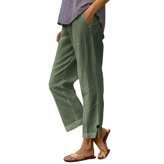 DPTALR Women's Summer Casual Elastic Waist Linen Straight Leg Capri Pants with Pockets,Army Green,Size XL