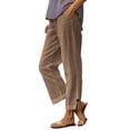 thumbnail image 1 of DPTALR Women's Summer Casual Elastic Waist Linen Straight Leg Capri Pants with Pockets,Coffee,Size XL, 1 of 6