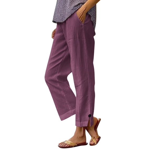 DPTALR Women's Summer Casual Elastic Waist Linen Straight Leg Capri Pants with Pockets,Purple,Size S