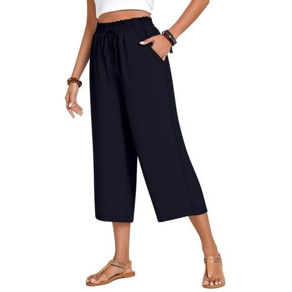 DPTALR Women's Summer Fashion Casual Elastic Waist Wide-Leg Solid Pants,Navy,Size L