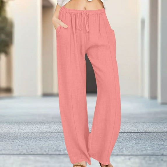 DPTALR Women's Summer Linen Beach Pants,Wide Leg with Elastic Waist,Drawstring,Pink,Size XXL