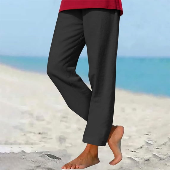 DPTALR Women's Summer Linen Casual Pants,Elastic Drawstring Waist for Beach,Travel,Black,Size S