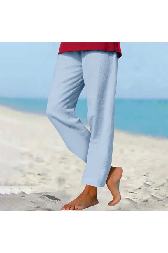 Women's Summer Linen Casual Pants,Elastic Drawstring Waist for Beach,Travel,Sky Blue,Size XXXL