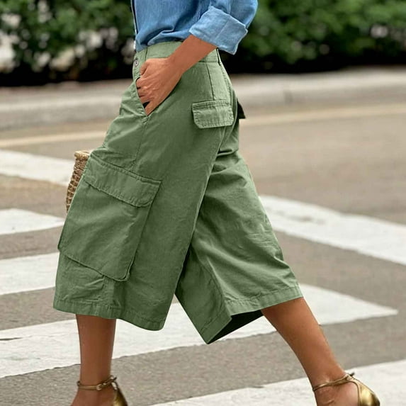 DPTALR Women's Summer Solid Casual High-Waisted H-Line Cargo Capris Regular Pockets,Stitching Detail,Green,Size L