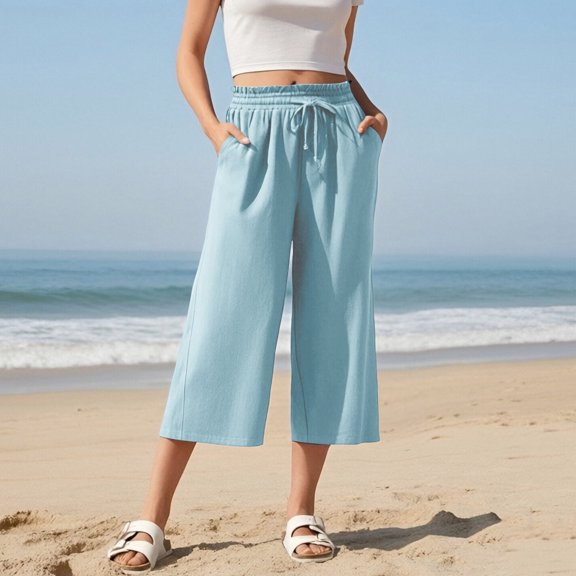 DPTALR Women's Summer Solid Color Elastic Waist Casual Wide Leg Pants,Light Blue,Size S