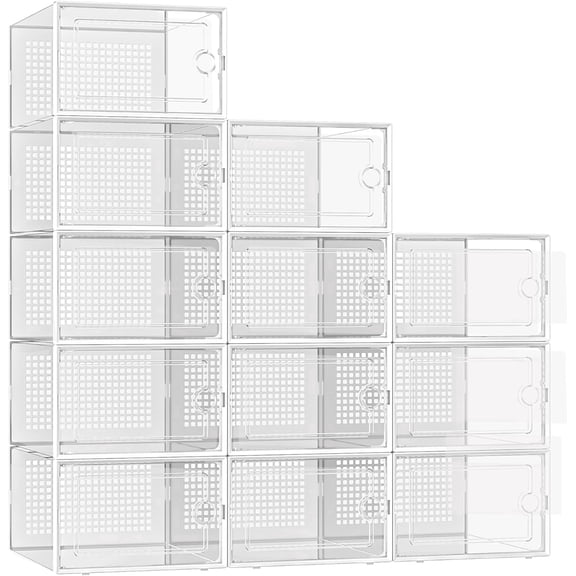 DQQKMM 12-Pack XXL Shoe Storage Box, Clear Shoe box Plastic Stackable Shoe Organizer for Closet, Space Saving Foldable Shoe Rack Sneaker Container Bin Holder(white)