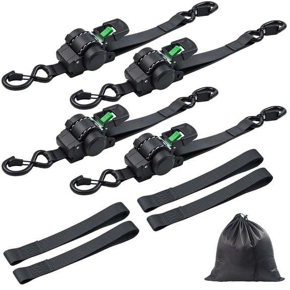 DQQKMM 4 Pack 1 in x 11.5 ft Retractable Ratchet Straps, Heavy Duty Self Retracting Tie-Downs, 1500lbs Break Strength S-Hook for Trailer, Truck, Kayak