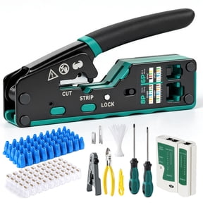 DQQKMM RJ45 Crimp Tool Kit, Ethernet Crimping Tool Kit, Network Cat5 Cat6 Crimping Tool Repair Kit Cable Tester, Network Stripper, Blades, Screwdrivers, 50PCS Cat6 Connectors and 50PCS Boots,Green