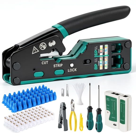 DQQKMM RJ45 Crimp Tool Kit, Ethernet Crimping Tool Kit, Network Cat5 Cat6 Crimping Tool Repair Kit Cable Tester, Network Stripper, Blades, Screwdrivers, 50PCS Cat6 Connectors and 50PCS Boots,Green