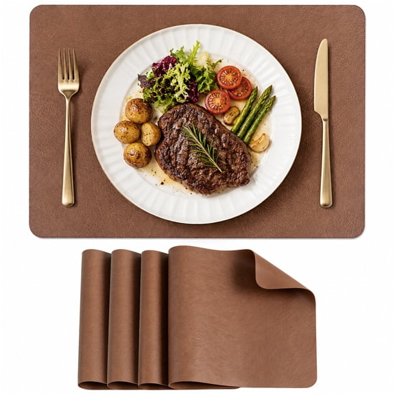 DQQKMM Plate Place Mats Set of 4 Rectangle Faux Leather 44.5 * 30cm,Waterproof, Wipe Clean Placemats, Heat Resistant Table Mats & Non-slip, Placemats Easy to Clean for Dining, Kitchen,Brown