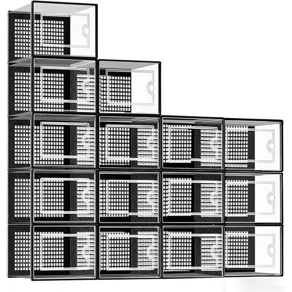 DQQKMM Shoe Storage Box, Clear Shoe box Plastic Stackable Shoe Organizer for Closet, Space Saving Foldable Shoe Rack Sneaker Container Bin Holder (black, X-Large-15pack)